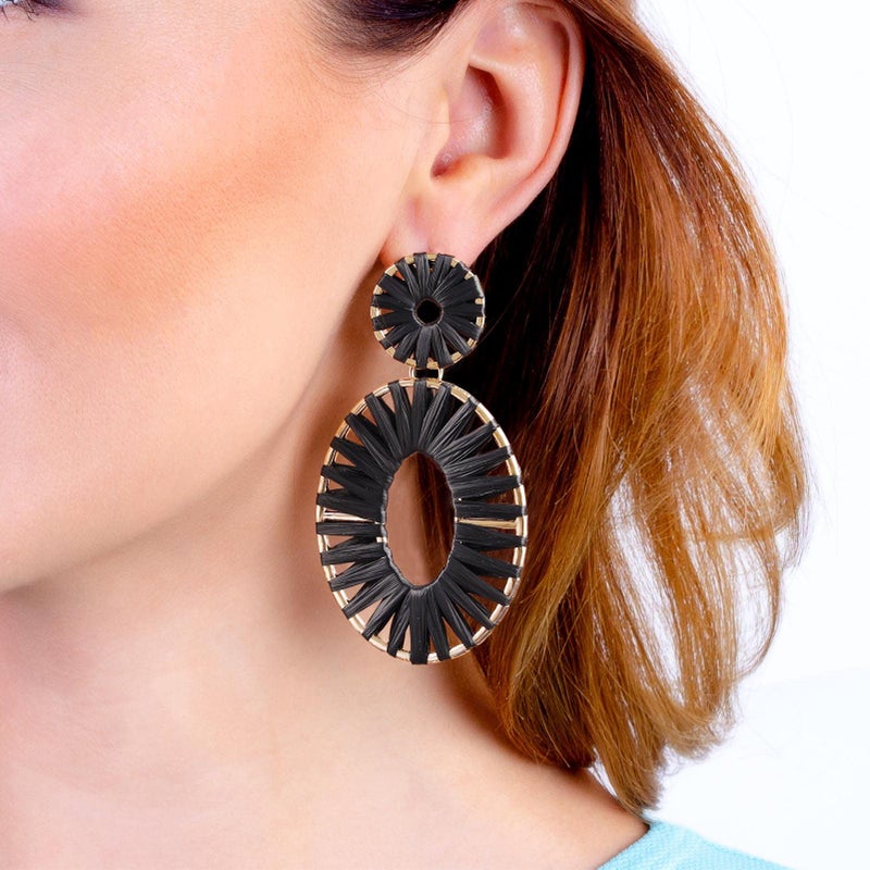 BaubleStar Raffia Tassel Fringe Rattan Hoop Drop Statement Earrings Black Tiered Thread Handmade Round Oval Cirle Dangle Fashion Jewelry for Women - Image 2