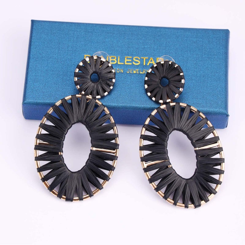 BaubleStar Raffia Tassel Fringe Rattan Hoop Drop Statement Earrings Black Tiered Thread Handmade Round Oval Cirle Dangle Fashion Jewelry for Women - Image 5