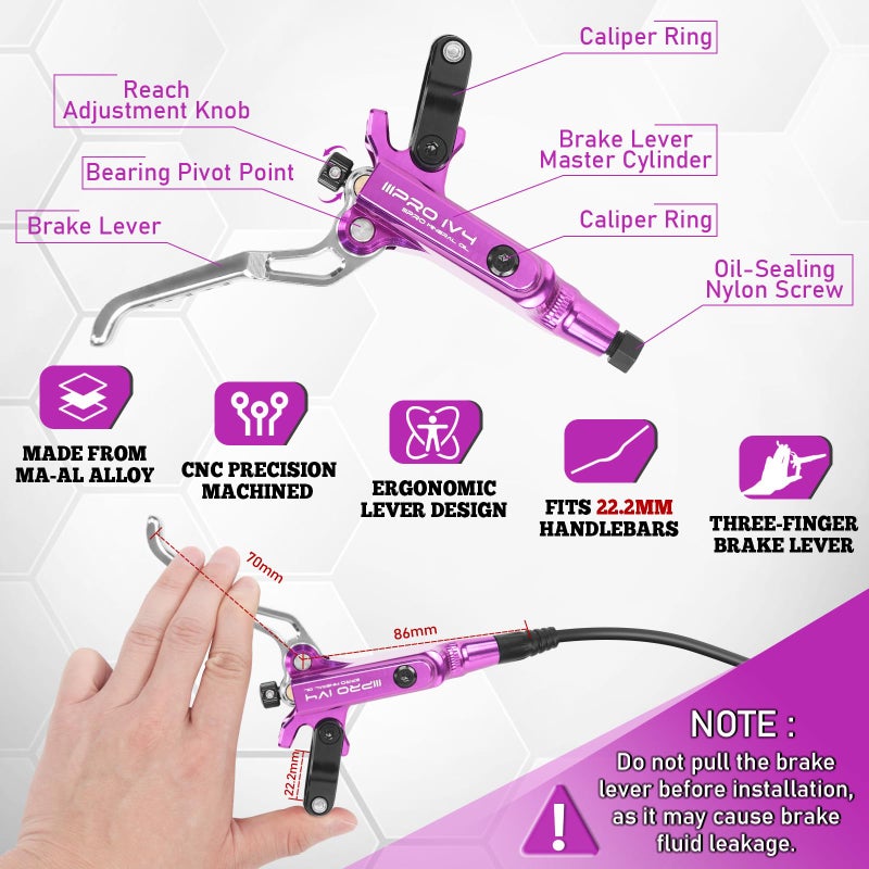 BUCKLOS IIIPRO IV4 4 Piston MTB Hydraulic Disc Brake Set, Front 850mm and Rear 1550mm Mountain Bike Hydraulic Brakes with Aluminum Alloy Caliper Lever Fit Ebike,Fat Bike Trail Bicycle BMX(Purple) - Image 2