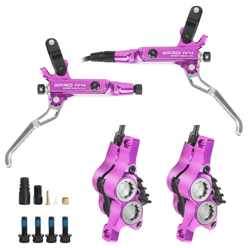 BUCKLOS IIIPRO IV4 4 Piston MTB Hydraulic Disc Brake Set, Front 850mm and Rear 1550mm Mountain Bike Hydraulic Brakes with Aluminum Alloy Caliper Lever Fit Ebike,Fat Bike Trail Bicycle BMX(Purple) - Image 1