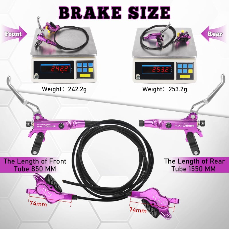 BUCKLOS IIIPRO IV4 4 Piston MTB Hydraulic Disc Brake Set, Front 850mm and Rear 1550mm Mountain Bike Hydraulic Brakes with Aluminum Alloy Caliper Lever Fit Ebike,Fat Bike Trail Bicycle BMX(Purple) - Image 3