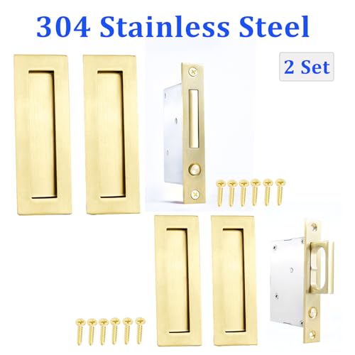 Dontay Sliding Pocket Door Handles 304 Stainless Steel Non Locking Pocket Door Hardware Recessed Flush Finger Pulls Heavy Duty Edge Pull with Pop Out Ring Pull Satin Brass 2 Set 472 Inch - Image 3