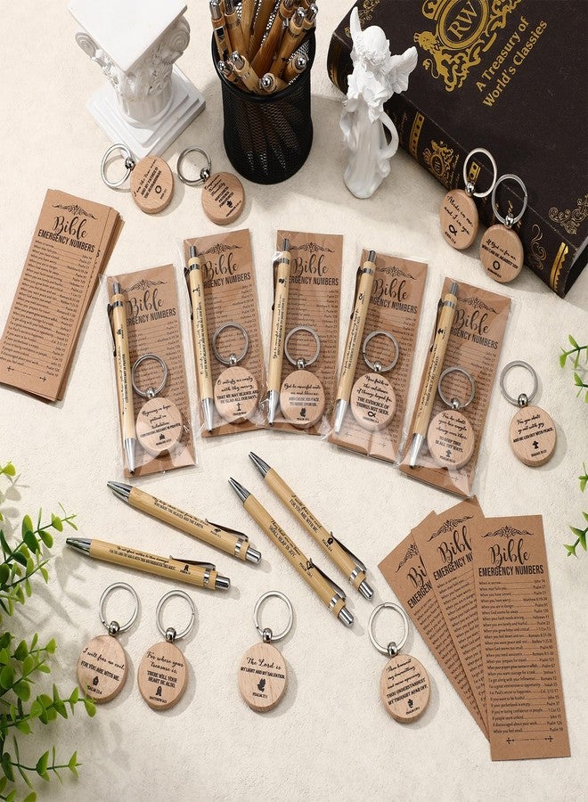 Feifeiya 25 Sets Christian Easter Gifts Bulk Bible Verse Pens Keychains and Emergency Number Bookmarks Religious Party Favors for Father Pastor Church Baptism Sunday School(Wood Color) - Image 5