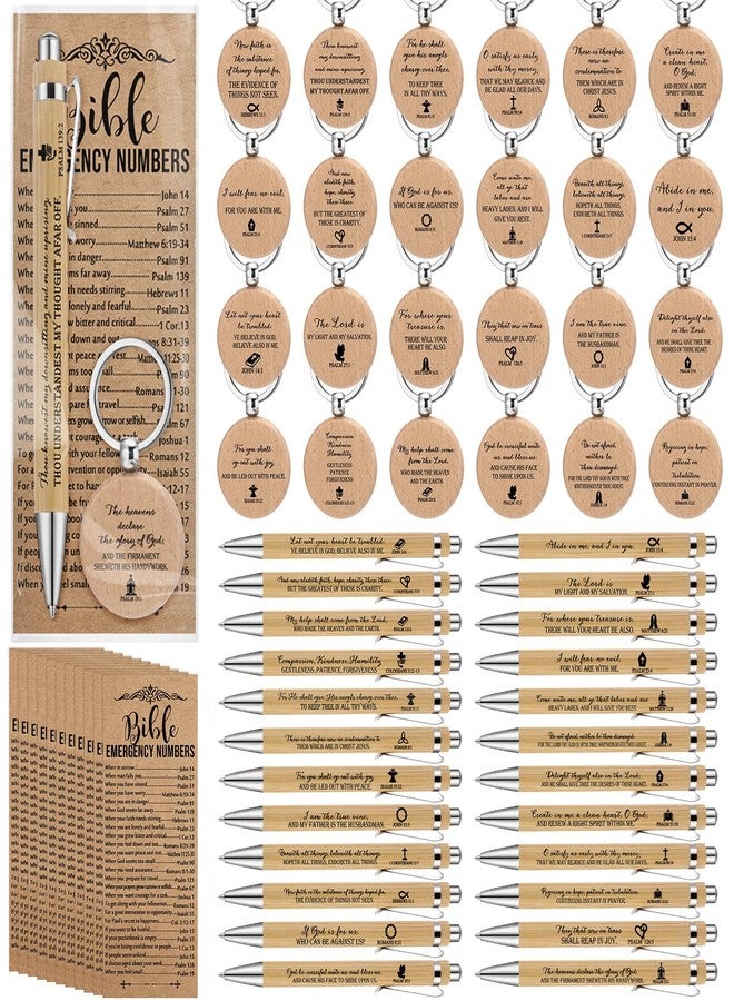 Feifeiya 25 Sets Christian Easter Gifts Bulk Bible Verse Pens Keychains and Emergency Number Bookmarks Religious Party Favors for Father Pastor Church Baptism Sunday School(Wood Color) - Image 1