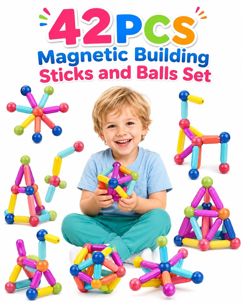 O2. 42PCS Magnetic Building Sticks and Balls Set for Kids 3+ – Educational Construction Toy with Colorful Magnetic Rods and Balls for Creative Shape Building and Imaginative Play - Image 1