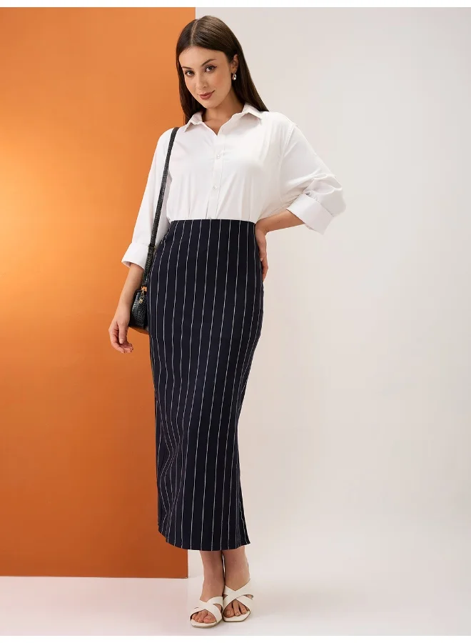 globus Globus Women Navy Striped Mid-Rise Stretchable Side Slit Midi Pencil Skirt