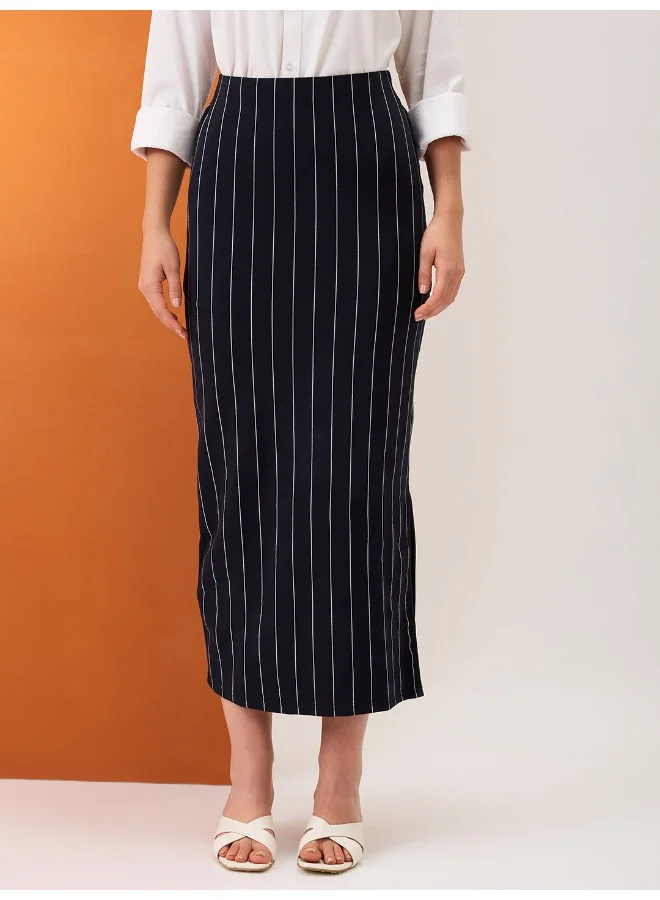 globus Globus Women Navy Striped Mid-Rise Stretchable Side Slit Midi Pencil Skirt