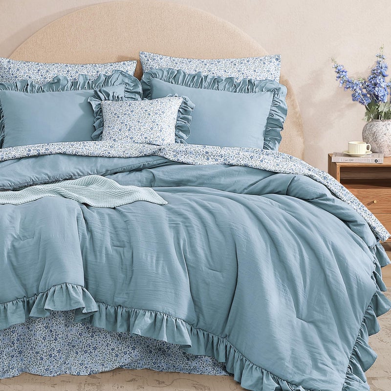 BLOOMHAVEN Full Comforter Set - 7 Pieces Ruffle Blue Bedding Sets, Shabby Chic Farmhouse Bed in a Bag Full with Ruffle Comforter, Floral Sheets, Pillowcases & Shams - Image 2