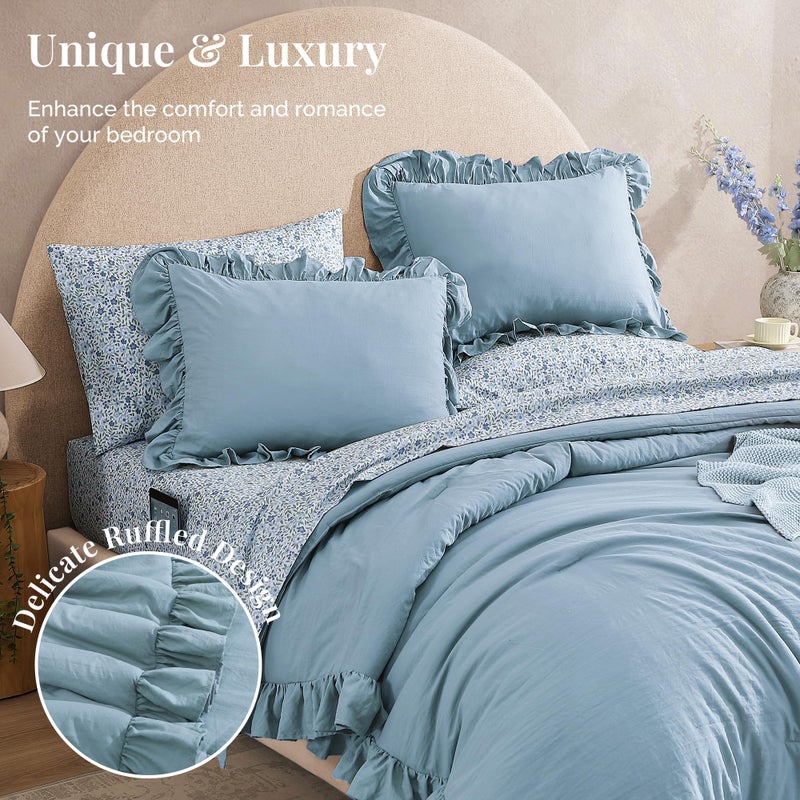 BLOOMHAVEN Full Comforter Set - 7 Pieces Ruffle Blue Bedding Sets, Shabby Chic Farmhouse Bed in a Bag Full with Ruffle Comforter, Floral Sheets, Pillowcases & Shams - Image 4