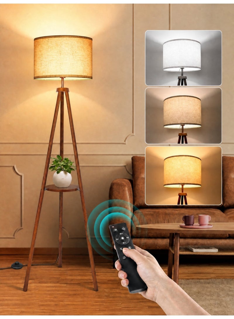 OUTON Solid Wooden Tripod Floor Lamp, Bulb Included, Standing Lamp with Remote Control & ‎Foot Switch, Dimmable & 4 Color Temperatures, 1H Timer, Floor Lamp with Storage Shelf Linen Shade for Living Room Bedroom - Image 1