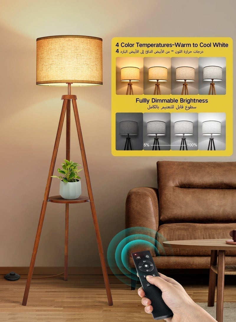 OUTON Solid Wooden Tripod Floor Lamp, Bulb Included, Standing Lamp with Remote Control & ‎Foot Switch, Dimmable & 4 Color Temperatures, 1H Timer, Floor Lamp with Storage Shelf Linen Shade for Living Room Bedroom - Image 2