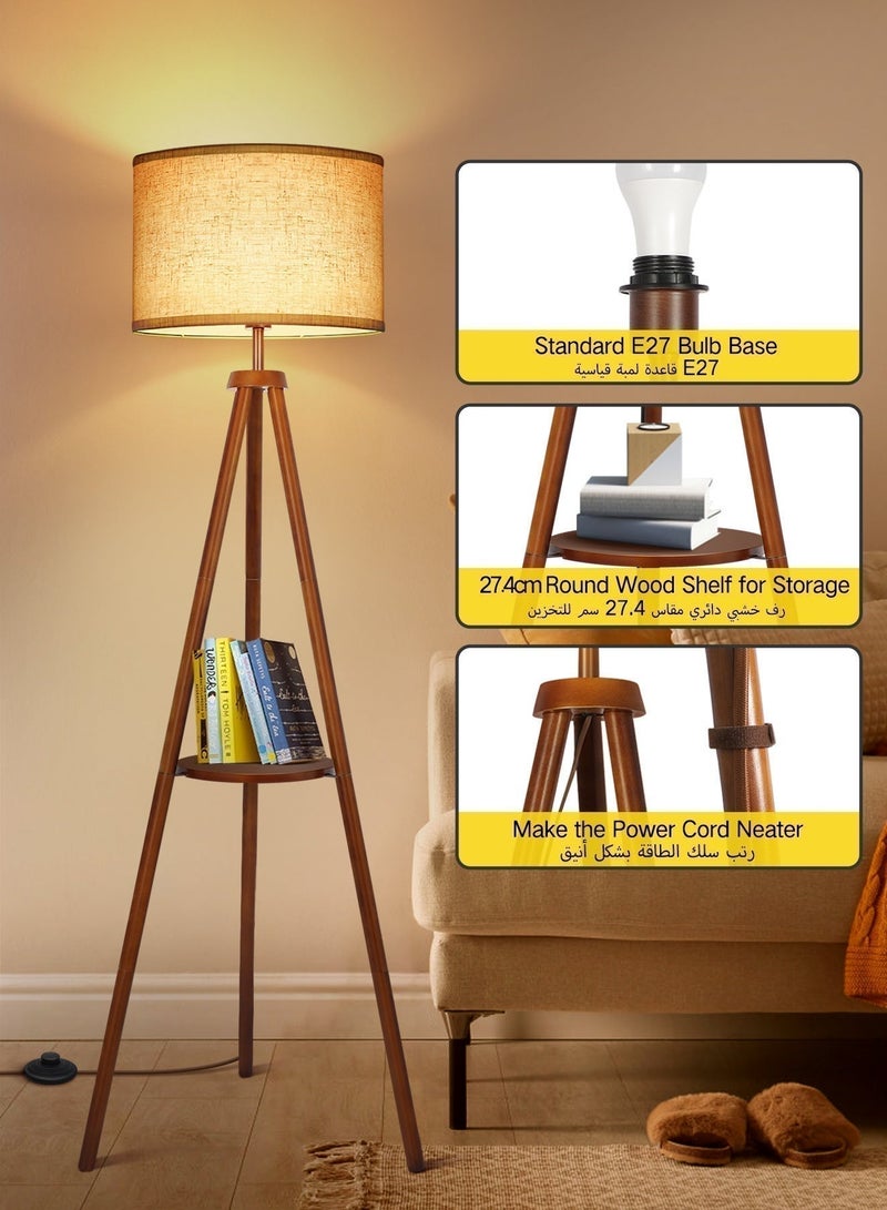 OUTON Solid Wooden Tripod Floor Lamp, Bulb Included, Standing Lamp with Remote Control & ‎Foot Switch, Dimmable & 4 Color Temperatures, 1H Timer, Floor Lamp with Storage Shelf Linen Shade for Living Room Bedroom - Image 3