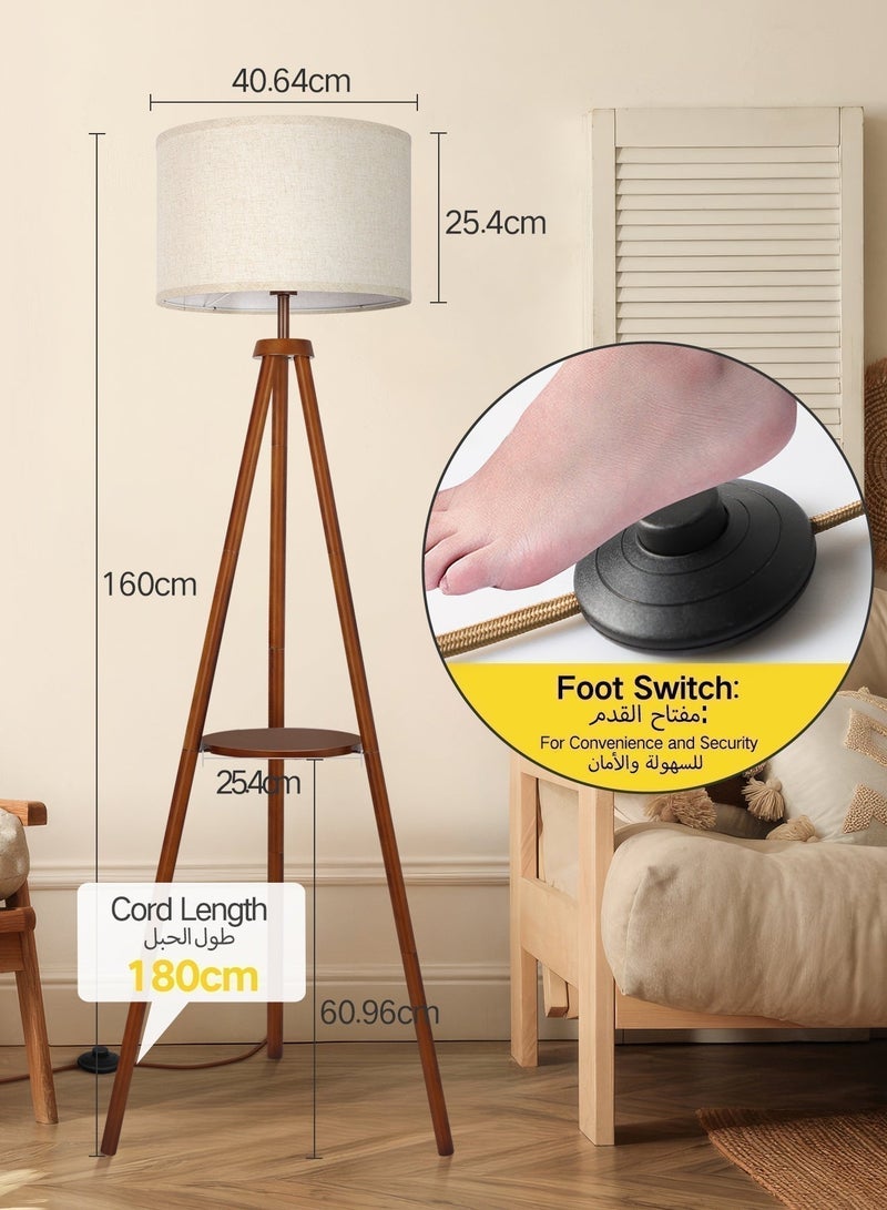 OUTON Solid Wooden Tripod Floor Lamp, Bulb Included, Standing Lamp with Remote Control & ‎Foot Switch, Dimmable & 4 Color Temperatures, 1H Timer, Floor Lamp with Storage Shelf Linen Shade for Living Room Bedroom - Image 5