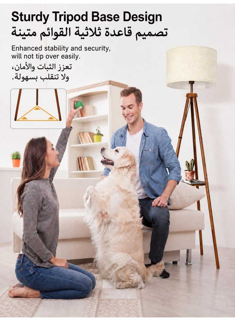 OUTON Solid Wooden Tripod Floor Lamp, Bulb Included, Standing Lamp with Remote Control & ‎Foot Switch, Dimmable & 4 Color Temperatures, 1H Timer, Floor Lamp with Storage Shelf Linen Shade for Living Room Bedroom - Image 4