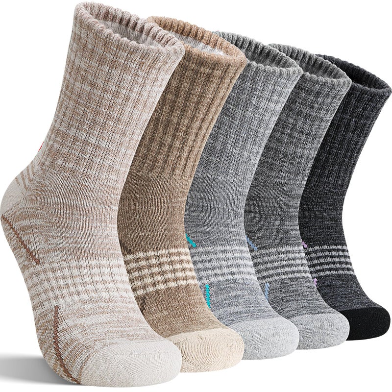 Sandsuced Merino Wool Hiking Socks Thermal Warm Winter Cozy Outdoor Crew Socks 5 Pairs Gift Stocking Stuffers for Women Men(Black/Khaki/Gray,M) - Image 1