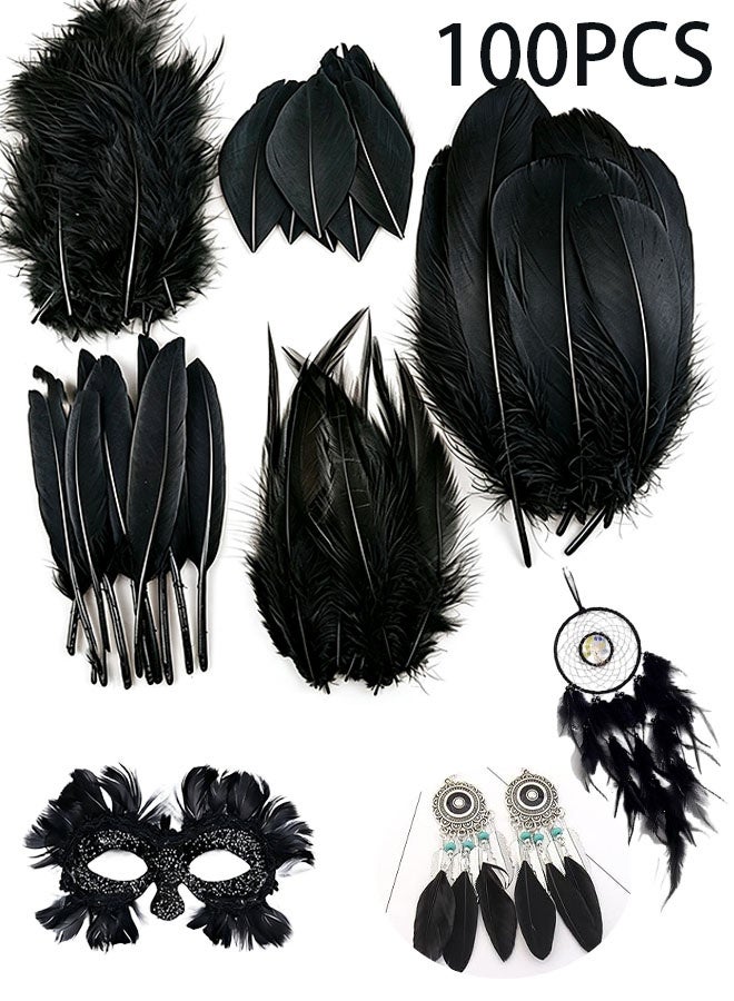 Happy D Mixed black feathers bulk craft supplies, 100 pieces, 5 styles. Soft assorted natural hat feathers for DIY crafts, dreamcatcher supplies, jewelry making, and party costume decorations. - Image 1