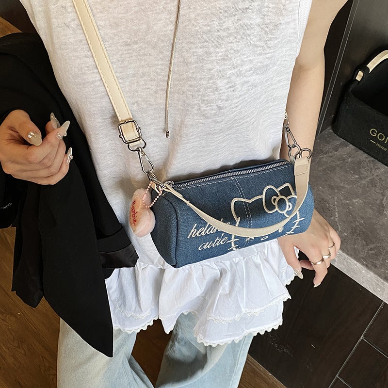 Mini Round Denim Shoulder Bag with Embroidery - Image 3