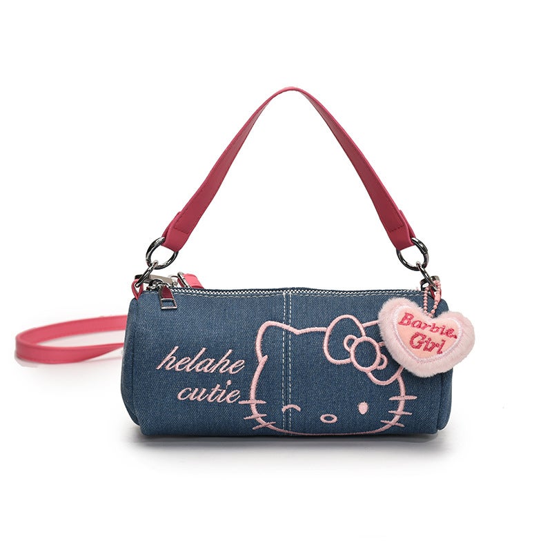 Mini Round Denim Shoulder Bag with Embroidery - Image 1