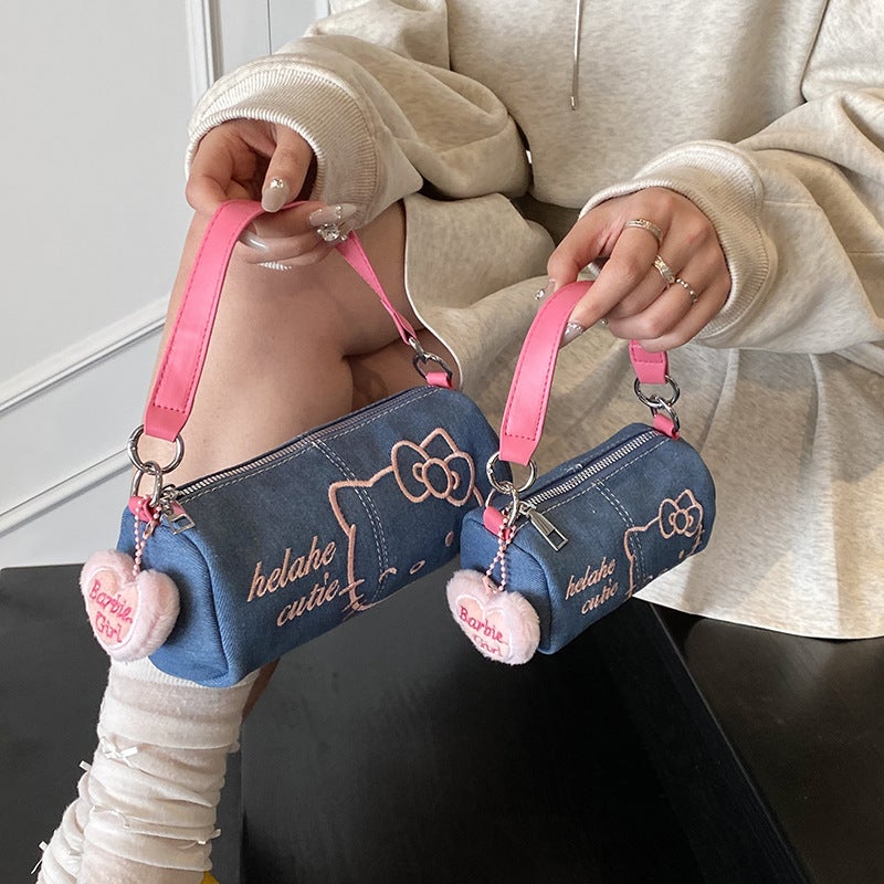 Mini Round Denim Shoulder Bag with Embroidery - Image 2