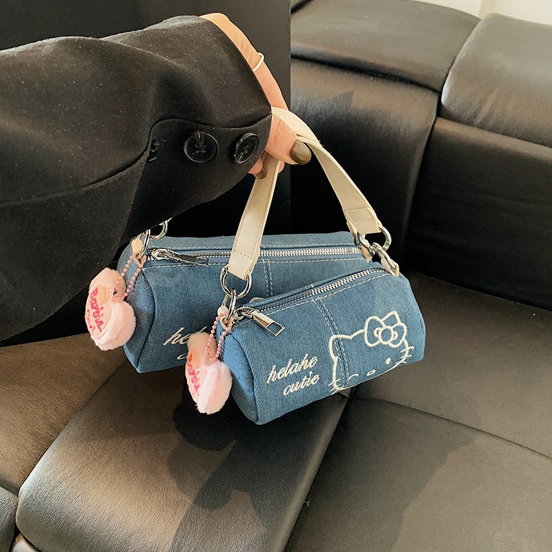 Mini Round Denim Shoulder Bag with Embroidery - Image 4