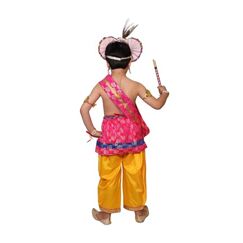 Kaku Fancy Dresses Krishna Costume for Kids Infant Baby Krishna Dress for Boys (Set of 11 - Magenta Dhoti, Patka(Stole), Belt, Fabric Pagdi, Layer Pearl Mala, Bajuband, Earrings, Bansuri & Morpankh) - Image 3