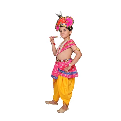 Kaku Fancy Dresses Krishna Costume for Kids Infant Baby Krishna Dress for Boys (Set of 11 - Magenta Dhoti, Patka(Stole), Belt, Fabric Pagdi, Layer Pearl Mala, Bajuband, Earrings, Bansuri & Morpankh) - Image 2