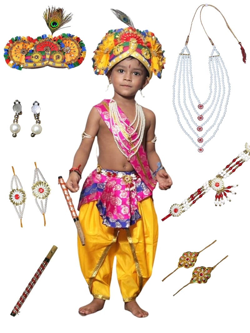 Kaku Fancy Dresses Krishna Costume for Kids Infant Baby Krishna Dress for Boys (Set of 11 - Magenta Dhoti, Patka(Stole), Belt, Fabric Pagdi, Layer Pearl Mala, Bajuband, Earrings, Bansuri & Morpankh) - Image 1