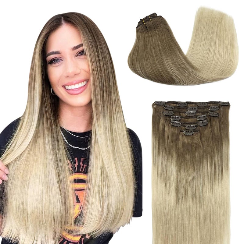 GOO GOO Clip in Hair Extensions Real Human Hair Remy Human Hair Extensions Clip ins for Women Natural Human Hair 18inch 120g 7Pcs 960 Balayage Ash Brown to Platinum Blonde