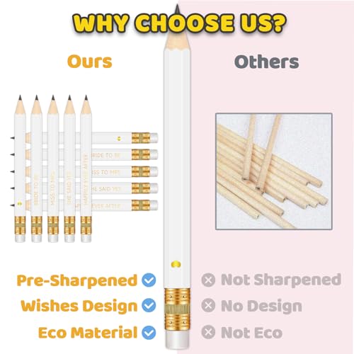 Vusnud 50Pcs - Bridal Shower Sharpened Half Pencils with Erasers, Pre-sharpened Pencils for Bridal Shower & Wedding Games, 4 Inches (White - Happily Ever After) - Image 2