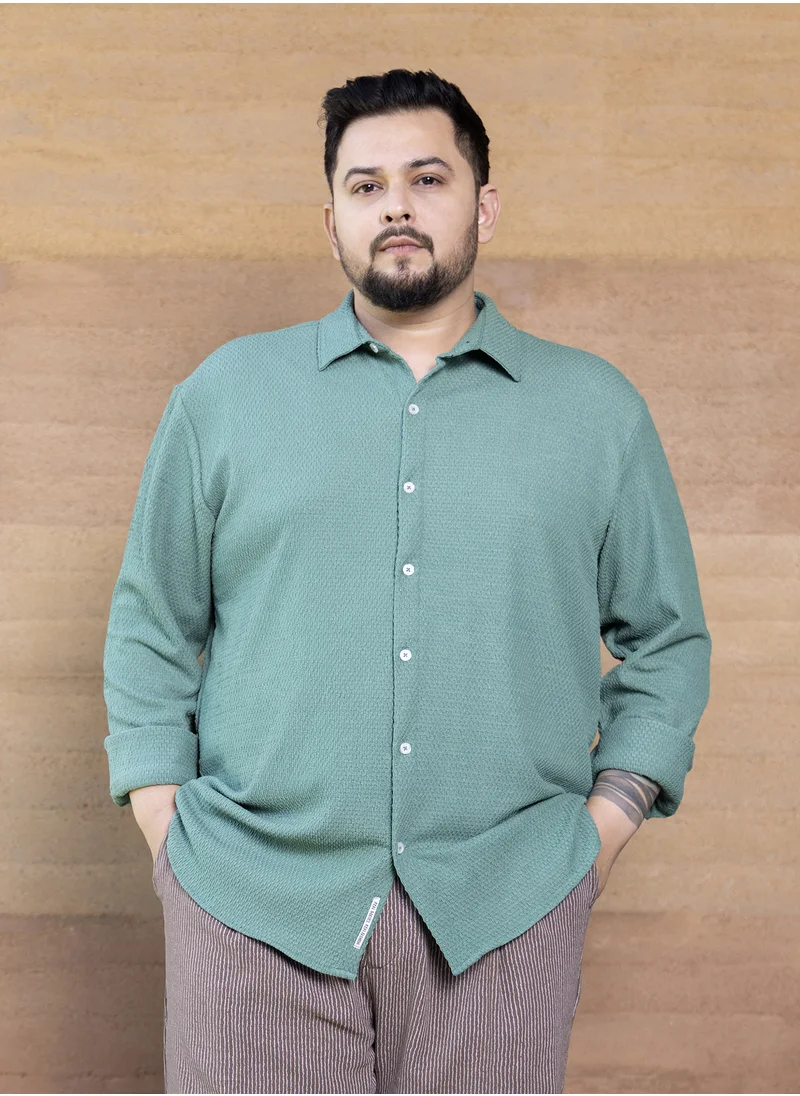 انستافاب بلس Instafab Plus Men's Sage Green Weave-Tactile Shirt For Casual Wear | Spread Collar | Long Cuffed Sleeves | Button Closure | Plus Size Shirt Crafted With Comfort Fit For Everyday Wear