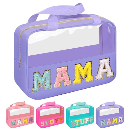 Iqimott Chenille Letter Patch Mama Bag Preppy Clear Makeup Cosmetic Bag Large Toiletry Storage Tote Bag with Handle Transparent Nylon Waterproof Organizer Zipper Pouch for Travel Women GirlsPurple - Image 1