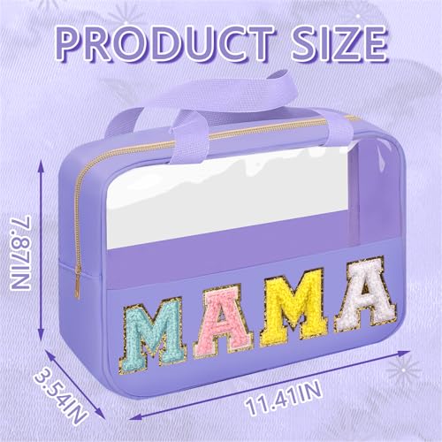 Iqimott Chenille Letter Patch Mama Bag Preppy Clear Makeup Cosmetic Bag Large Toiletry Storage Tote Bag with Handle Transparent Nylon Waterproof Organizer Zipper Pouch for Travel Women GirlsPurple - Image 3