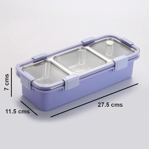 peplyf Meal Buddy Lunchbox | Stainless Steel | Solid Snacks & Meals | 3 Grid (Purple) - Image 2