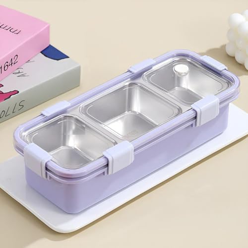 peplyf Meal Buddy Lunchbox | Stainless Steel | Solid Snacks & Meals | 3 Grid (Purple) - Image 1