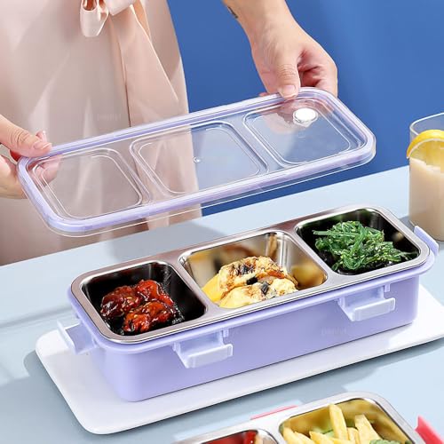 peplyf Meal Buddy Lunchbox | Stainless Steel | Solid Snacks & Meals | 3 Grid (Purple) - Image 4