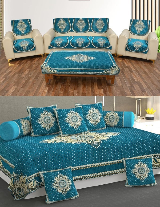 Heavy Chenille Velvet Sofa Cover with diwan Set and Table Cover Combo Set of 21 psAqua