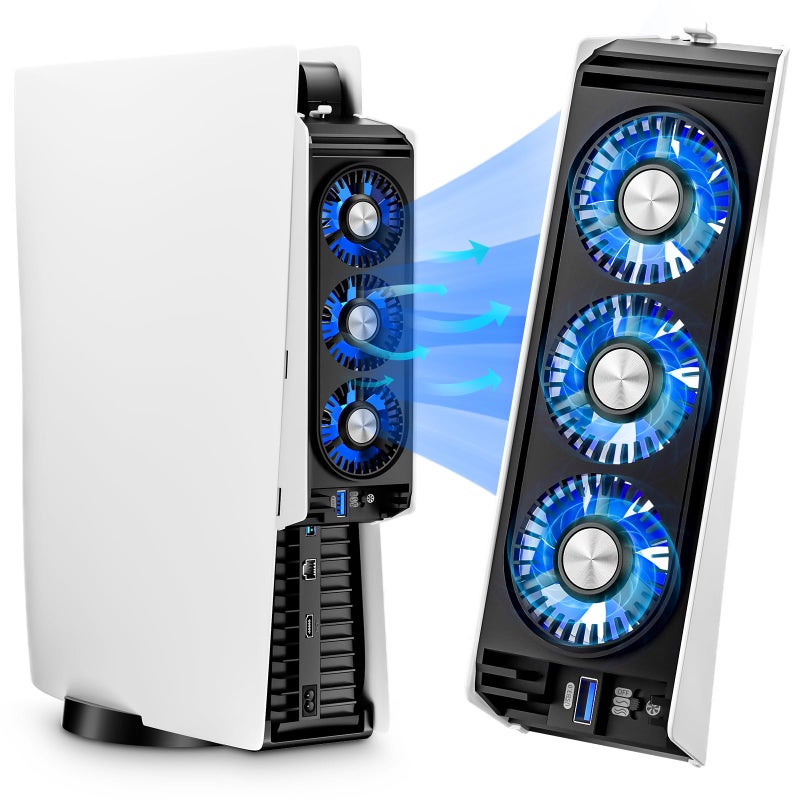 Honghao Cooling Fan for PS5 Accessories,with 3 Blue LED Light/ 2 USB 3.0 Ports / 2 Fan Speed,Compatible with PlayStation 5 Console Digital/CD Version, High Efficiency PS5 Cooler Station(Black) - Image 1