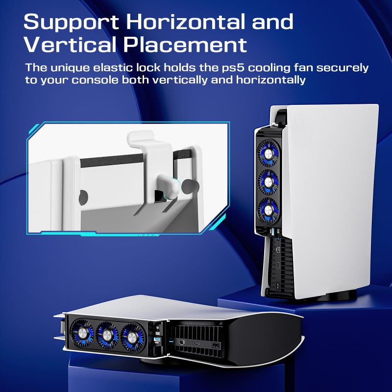 Honghao Cooling Fan for PS5 Accessories,with 3 Blue LED Light/ 2 USB 3.0 Ports / 2 Fan Speed,Compatible with PlayStation 5 Console Digital/CD Version, High Efficiency PS5 Cooler Station(Black) - Image 4