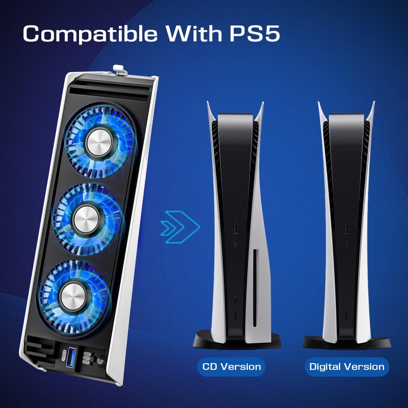 Honghao Cooling Fan for PS5 Accessories,with 3 Blue LED Light/ 2 USB 3.0 Ports / 2 Fan Speed,Compatible with PlayStation 5 Console Digital/CD Version, High Efficiency PS5 Cooler Station(Black) - Image 2