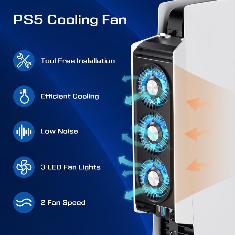 Honghao Cooling Fan for PS5 Accessories,with 3 Blue LED Light/ 2 USB 3.0 Ports / 2 Fan Speed,Compatible with PlayStation 5 Console Digital/CD Version, High Efficiency PS5 Cooler Station(Black) - Image 3