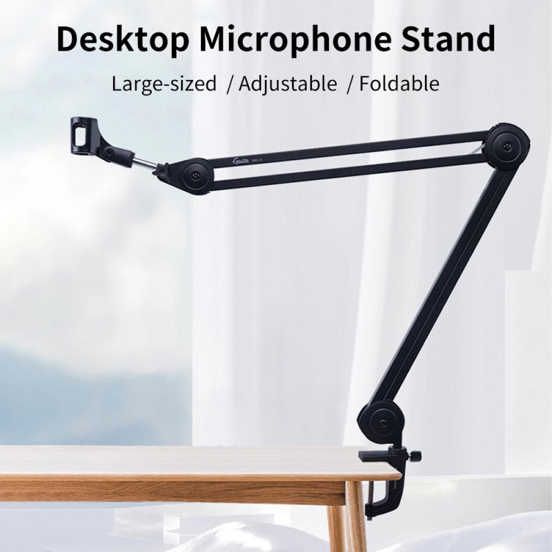 Guitto Desktop Microphone Stand: Black Heavy Duty Foldable Arm With Long Easy Reach Handle - Adjustable Height Angle For Professional Singers Podcasters Gamers Home Studios - Image 2