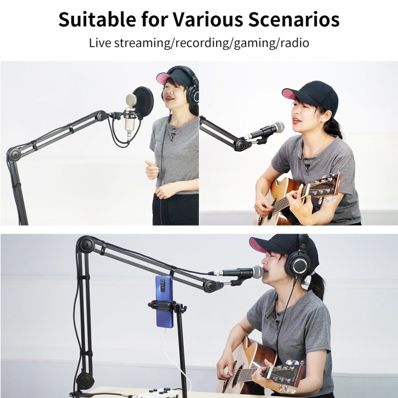 Guitto Desktop Microphone Stand: Black Heavy Duty Foldable Arm With Long Easy Reach Handle - Adjustable Height Angle For Professional Singers Podcasters Gamers Home Studios - Image 5