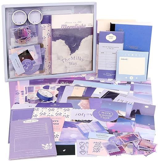 CREWLA Aesthetic Scrapbook Kit348pcs Bullet Junk Journal Kit with JournalingScrapbooking Supplies StationeryA6 Grid Notebook with Graph Ruled Pages DIY Scrapbook Gift for Girl Kid Purple - Image 1