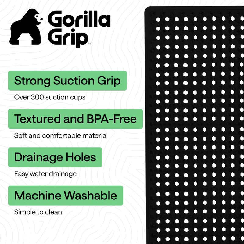 Gorilla Grip حصيرة استحمام جوريلا غريب الحاصلة على براءة اختراع، قابلة للغسل في الغسالة، بطانة أرضية حوض الاستحمام، أكواب شفط وفتحات تصريف للحفاظ على نظافة الأحواض، ناعمة على الأقدام، مستلزمات الحمام، 35x16 بوصة، أسود - Image 2