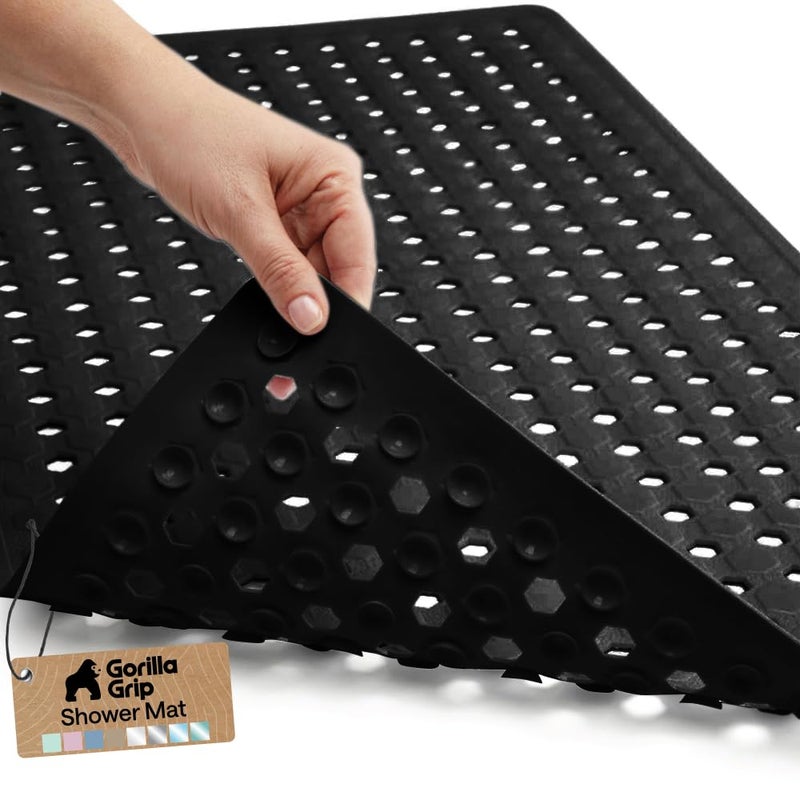 Gorilla Grip حصيرة استحمام جوريلا غريب الحاصلة على براءة اختراع، قابلة للغسل في الغسالة، بطانة أرضية حوض الاستحمام، أكواب شفط وفتحات تصريف للحفاظ على نظافة الأحواض، ناعمة على الأقدام، مستلزمات الحمام، 35x16 بوصة، أسود - Image 1