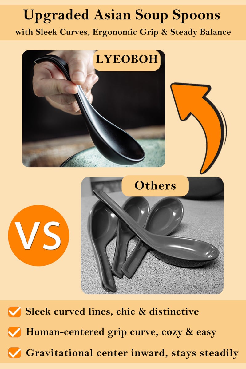LYEOBOH Soup Spoons, Ceramic Soup Spoon Set of 6-6.5 inch Tablespoons, Dishwasher & Microwave Safe, Chinese Spoons with Deep Hook Design, Black - Image 2