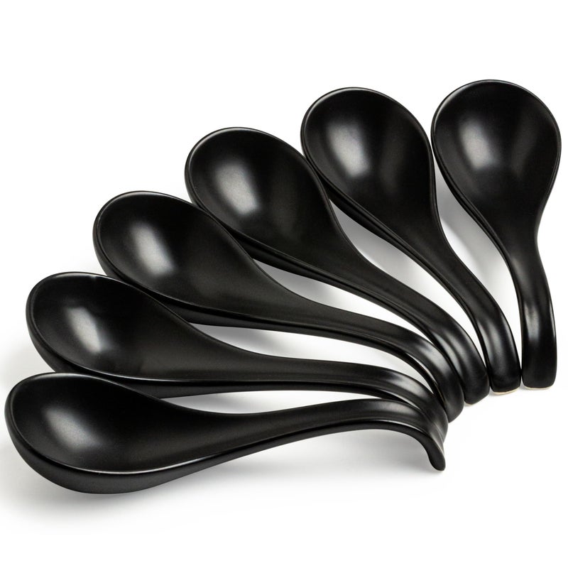 LYEOBOH Soup Spoons, Ceramic Soup Spoon Set of 6-6.5 inch Tablespoons, Dishwasher & Microwave Safe, Chinese Spoons with Deep Hook Design, Black - Image 1