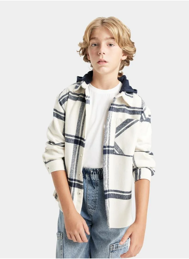 ديفاكتو Oversized Checked Long Sleeve Hooded Shirt