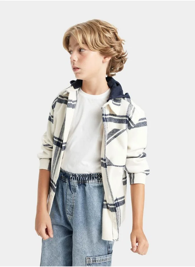 ديفاكتو Oversized Checked Long Sleeve Hooded Shirt by Styli