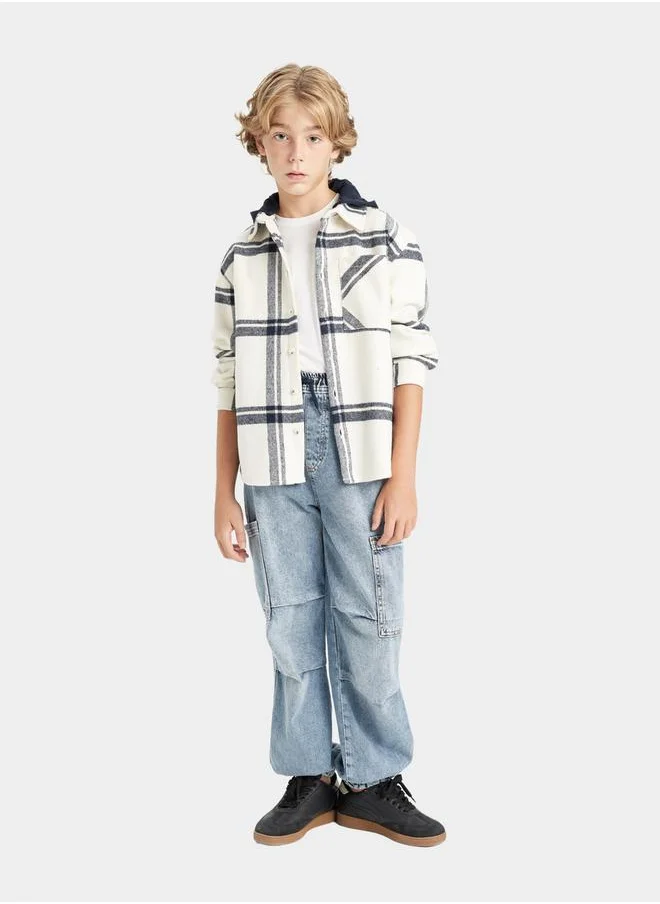 ديفاكتو Oversized Checked Long Sleeve Hooded Shirt by Styli